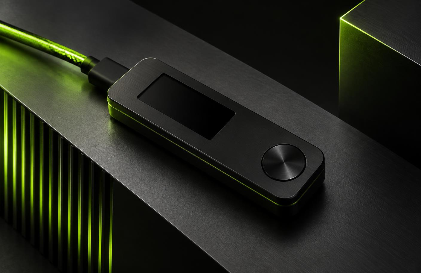 Matte black hardware crypto ledger connected for secure offline storage